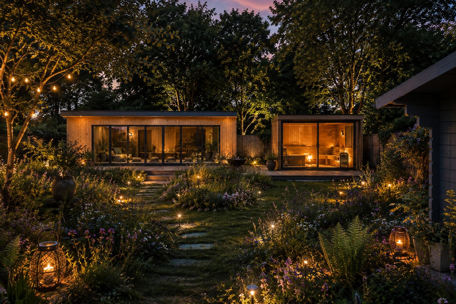 Rustic sauna and garden room cabins glowing amongst wildflower gardens at dusk